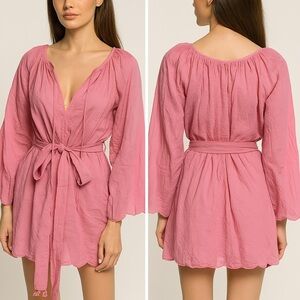 Marysia Resort Textured Scalloped 3/4 Sleeve Short Dress Cover Up Light Pink